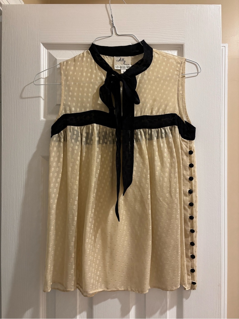 Milly Cream Sleeveless Silk Blouse with Black Tie-Neck